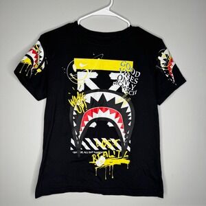 Fresh Laundry Graphic Tee Kids Medium Black Shark Streetwear Short Sleeve Shirt